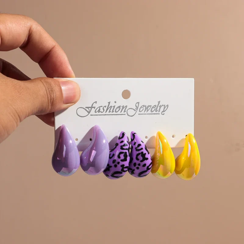 New Leopard Acrylic Chunky Waterdrop Earrings Dupes for Women Vintage 3Pair/Set Dome Drop Earring Lightweight Jewelry Gifts