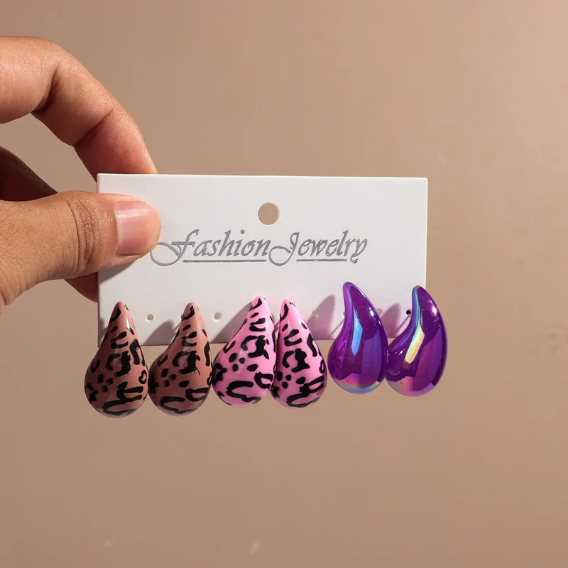 New Leopard Acrylic Chunky Waterdrop Earrings Dupes for Women Vintage 3Pair/Set Dome Drop Earring Lightweight Jewelry Gifts