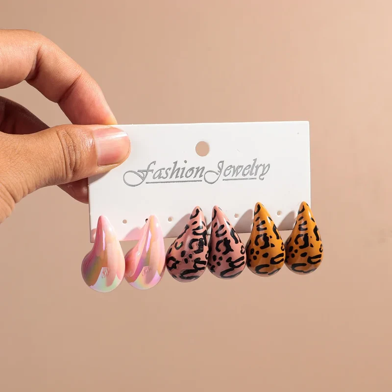 New Leopard Acrylic Chunky Waterdrop Earrings Dupes for Women Vintage 3Pair/Set Dome Drop Earring Lightweight Jewelry Gifts