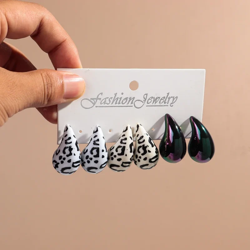 New Leopard Acrylic Chunky Waterdrop Earrings Dupes for Women Vintage 3Pair/Set Dome Drop Earring Lightweight Jewelry Gifts