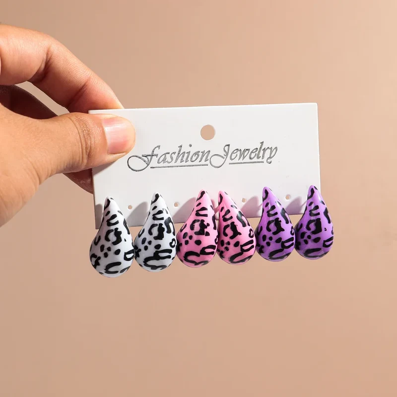 New Leopard Acrylic Chunky Waterdrop Earrings Dupes for Women Vintage 3Pair/Set Dome Drop Earring Lightweight Jewelry Gifts