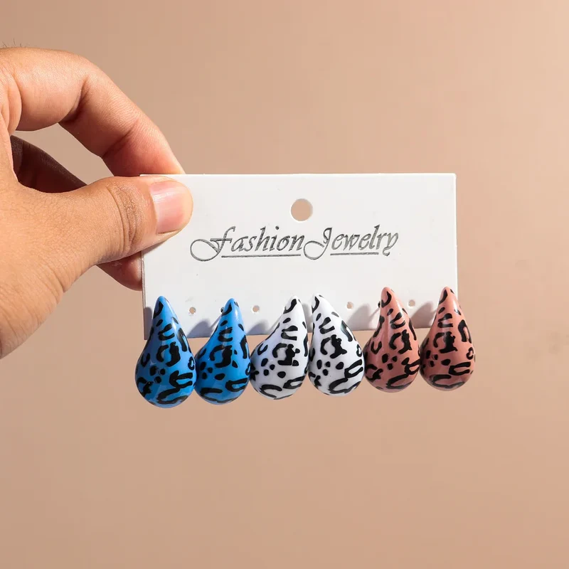 New Leopard Acrylic Chunky Waterdrop Earrings Dupes for Women Vintage 3Pair/Set Dome Drop Earring Lightweight Jewelry Gifts