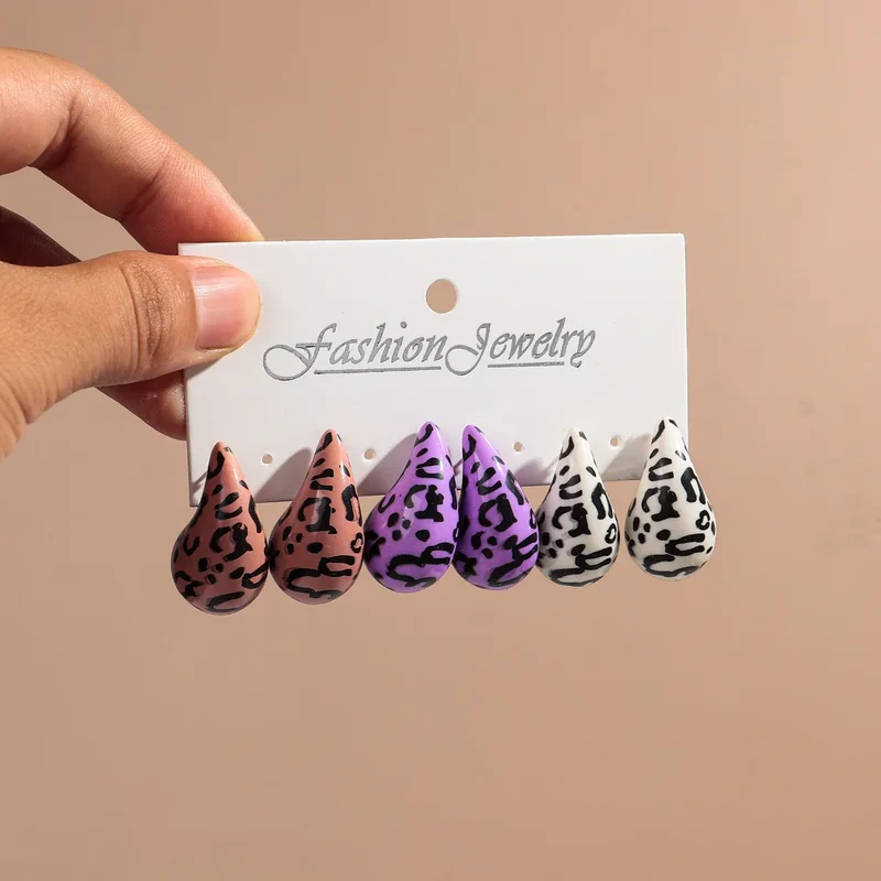 New Leopard Acrylic Chunky Waterdrop Earrings Dupes for Women Vintage 3Pair/Set Dome Drop Earring Lightweight Jewelry Gifts