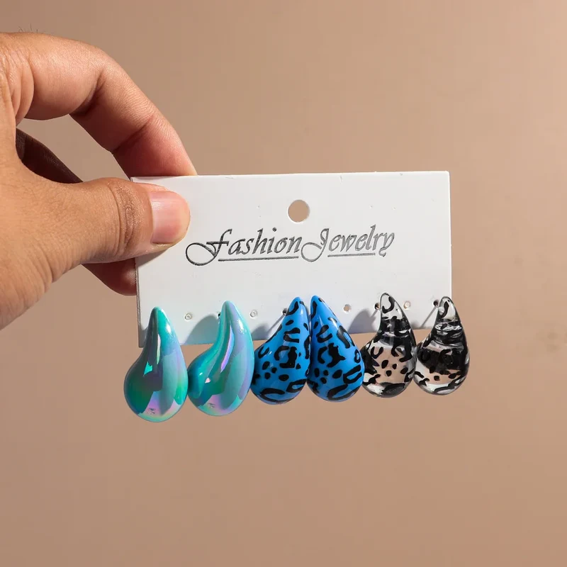 New Leopard Acrylic Chunky Waterdrop Earrings Dupes for Women Vintage 3Pair/Set Dome Drop Earring Lightweight Jewelry Gifts