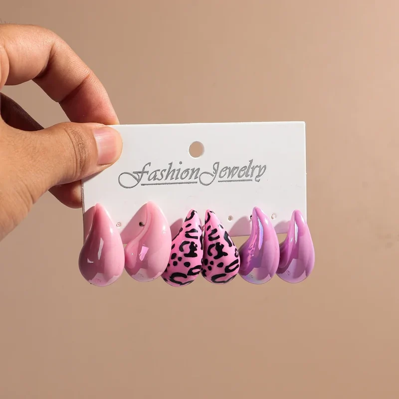 New Leopard Acrylic Chunky Waterdrop Earrings Dupes for Women Vintage 3Pair/Set Dome Drop Earring Lightweight Jewelry Gifts