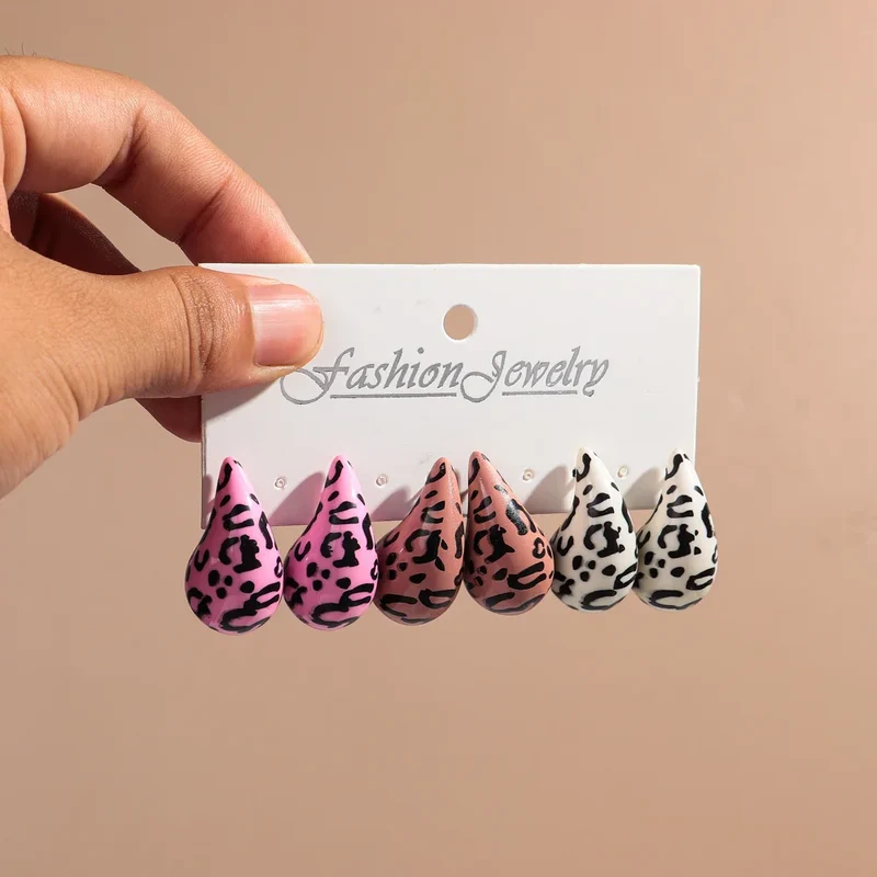 New Leopard Acrylic Chunky Waterdrop Earrings Dupes for Women Vintage 3Pair/Set Dome Drop Earring Lightweight Jewelry Gifts