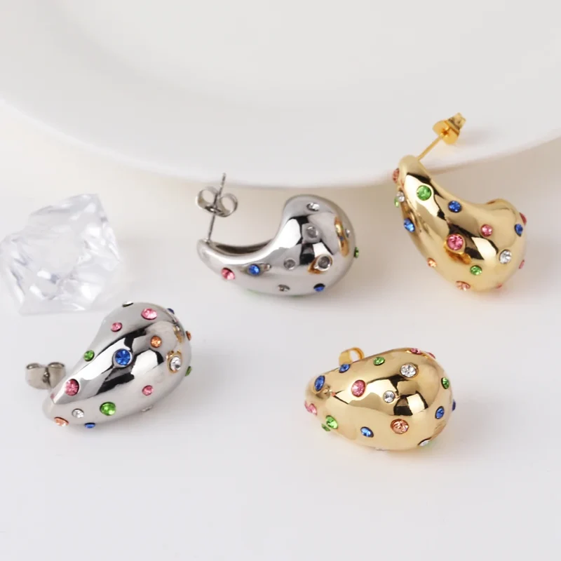 Waterproof Teardrop Shape Stud Earring Inlay Beads 18K PVD Gold Plated Stainless Steel Elegance Drop Earrings For Women