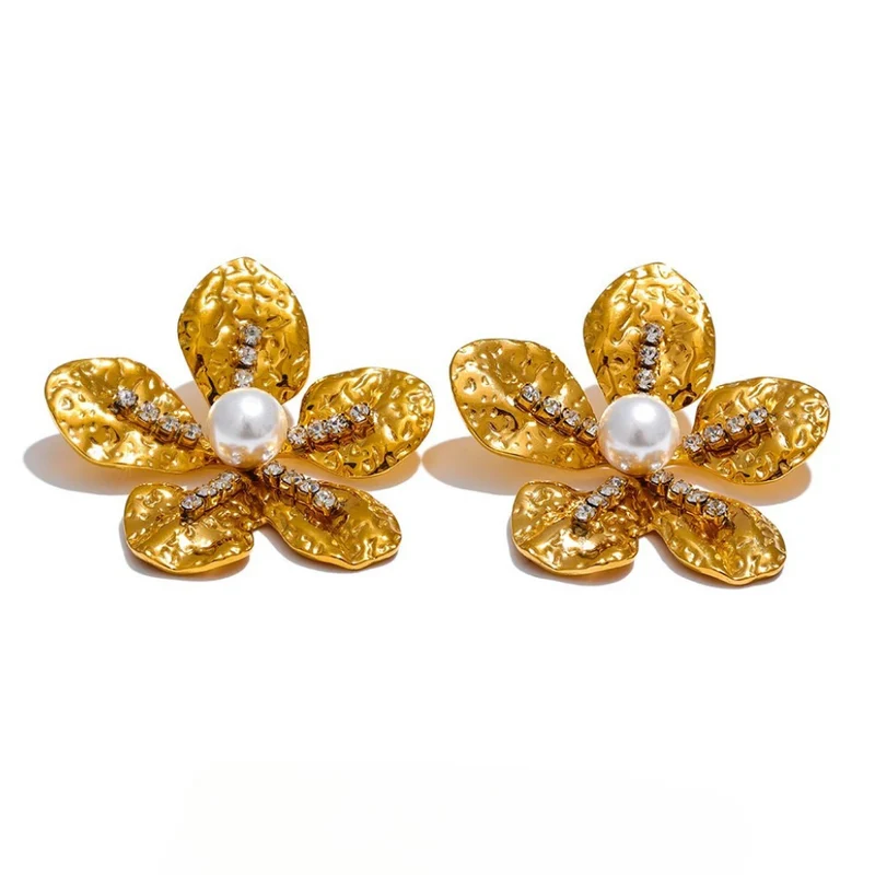 Boucles d'Oreilles Fleur Strass et Perle