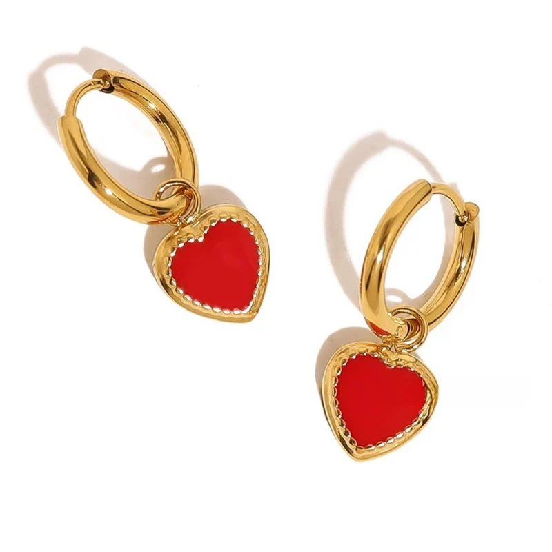 Boucles d'Oreilles Pendentif Cœur Rouge