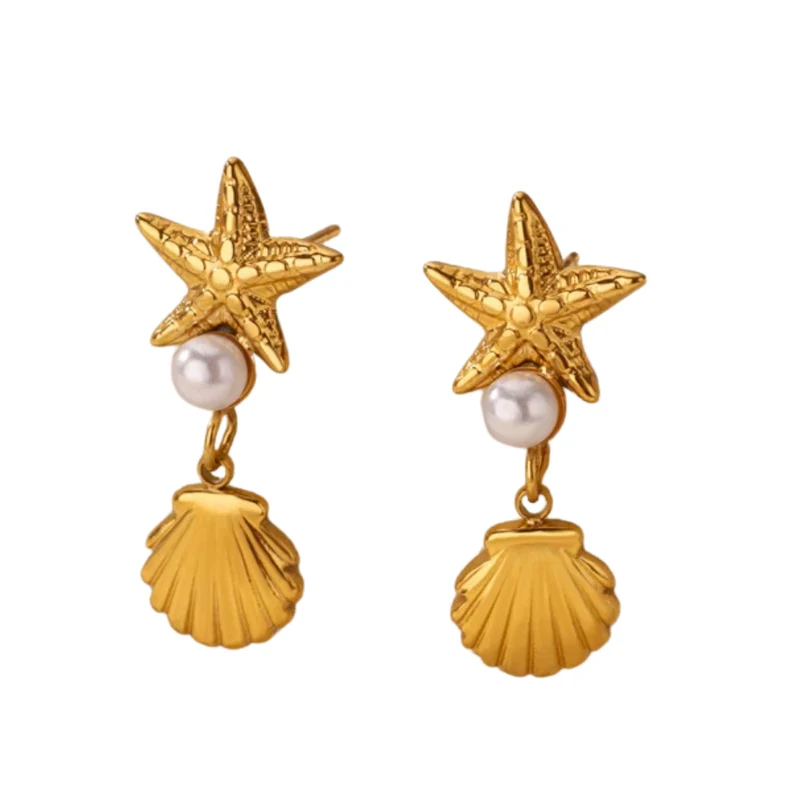 Boucles d'Oreilles Étoile de Mer Coquillage Perle