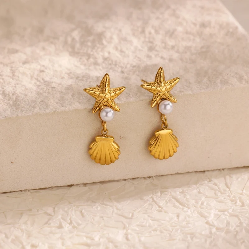 Boucles d'Oreilles Étoile de Mer Coquillage Perle