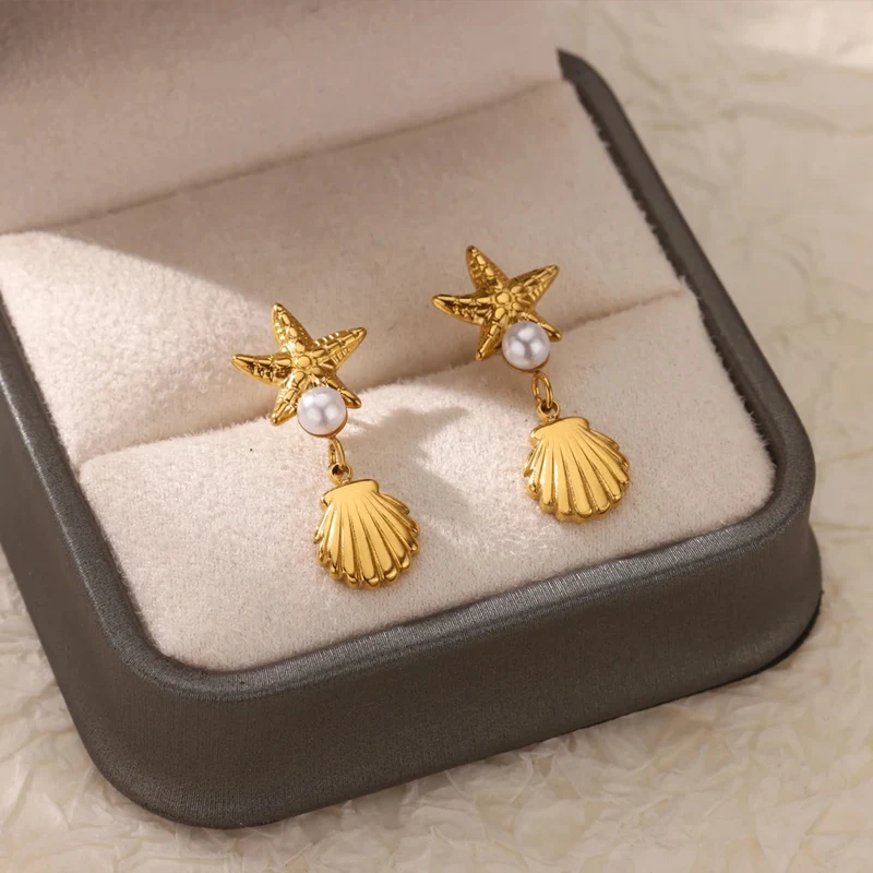 Boucles d'Oreilles Étoile de Mer Coquillage Perle