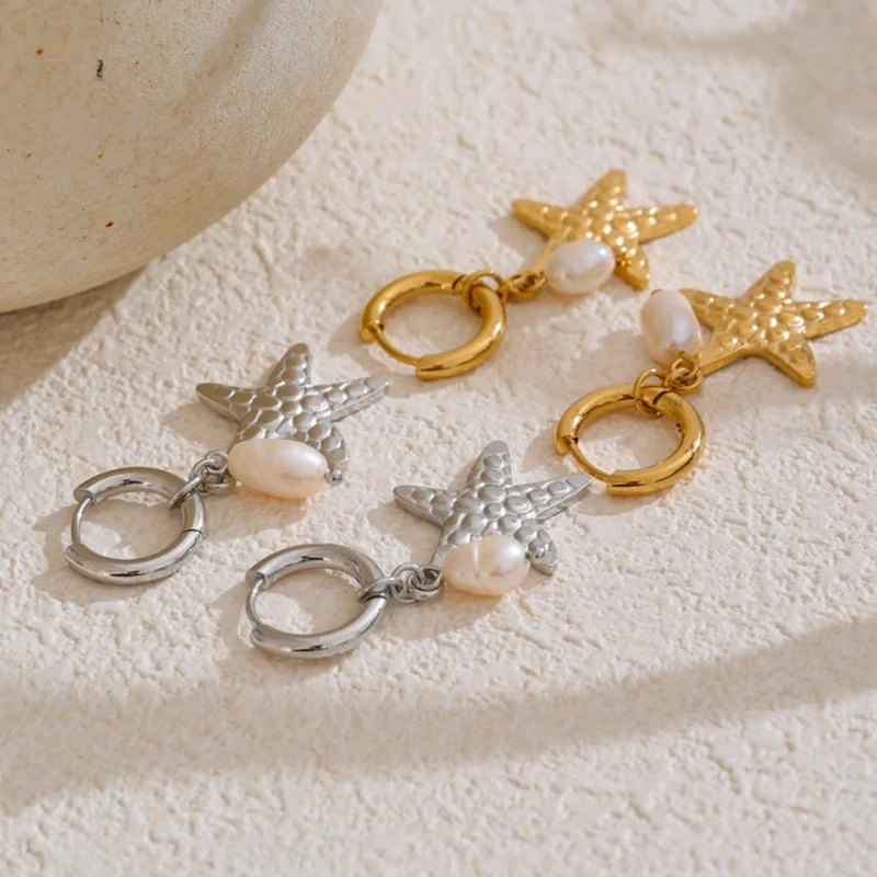 Boucles d'Oreilles Pendentif Étoile de Mer et Perle
