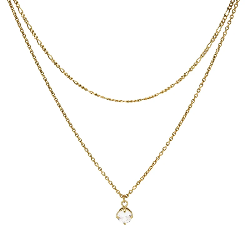 Karma 925 Sterling Silver Figaro Single Zirconia Double Necklace T279GP