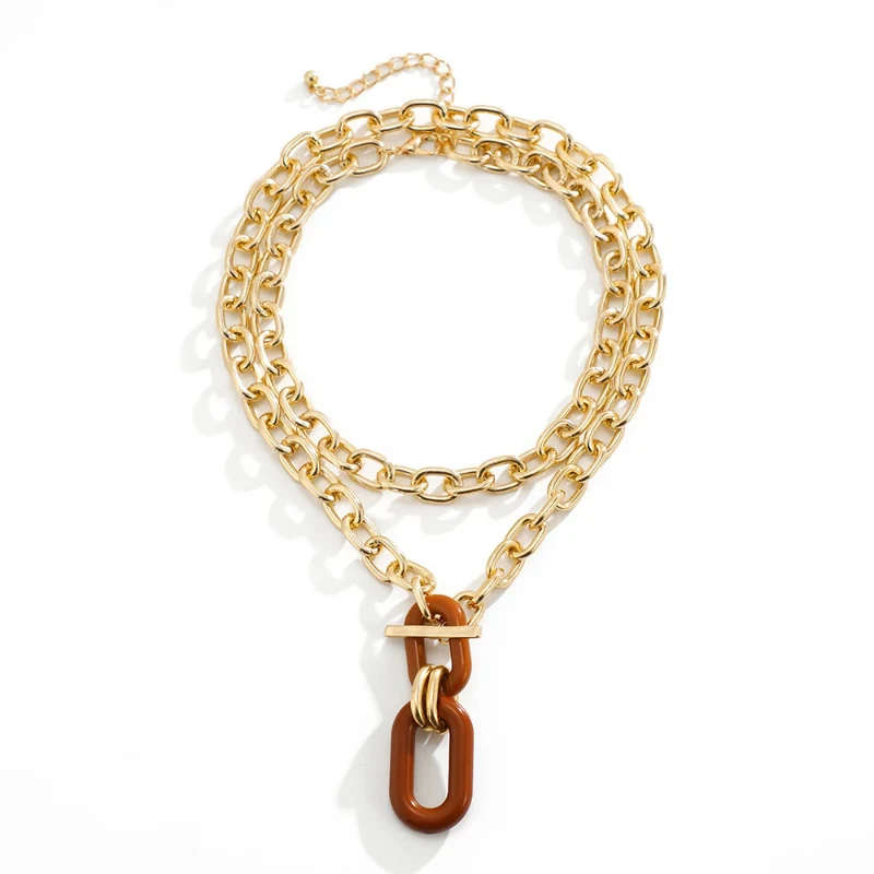 Collier Grosse Maille Pendentif Marron