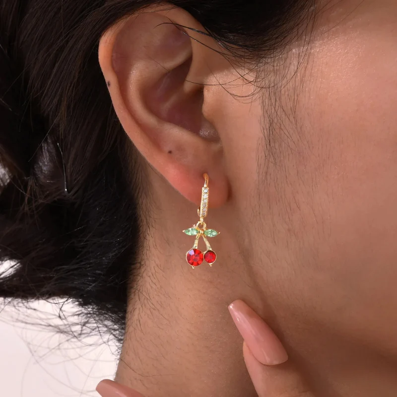 Boucles d'Oreilles Cerise Rouge Zircons