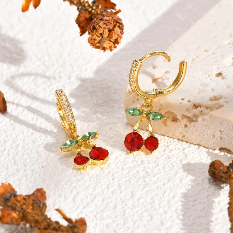 Boucles d'Oreilles Cerise Rouge Zircons