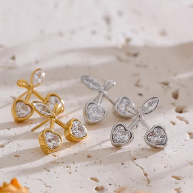 Boucles d'Oreilles Cerise Cœur Strass
