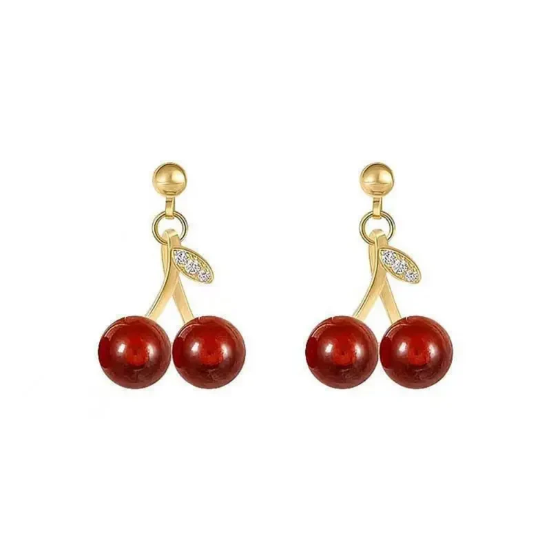 Boucles d'Oreilles Cerise Rouge et Or