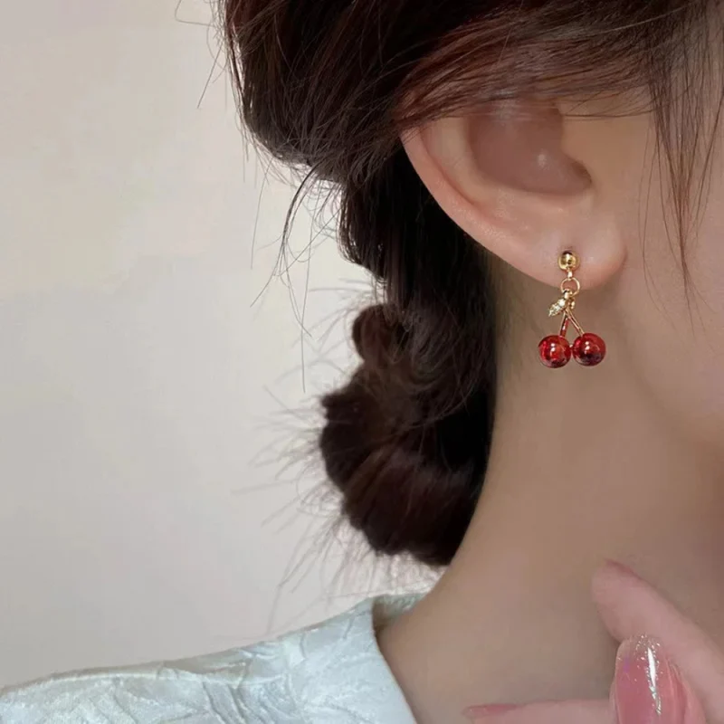 Boucles d'Oreilles Cerise Rouge et Or