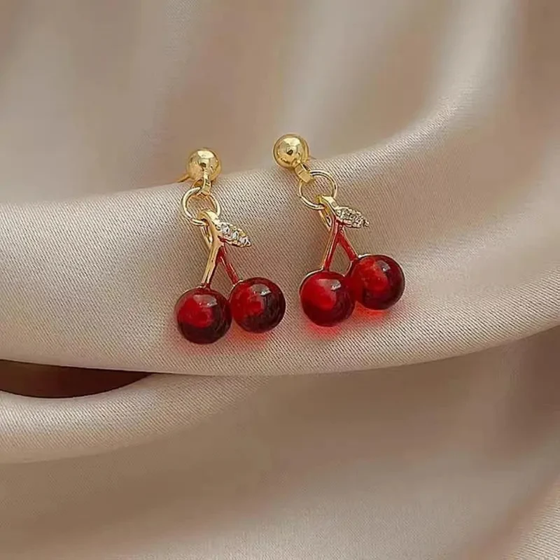 Boucles d'Oreilles Cerise Rouge et Or