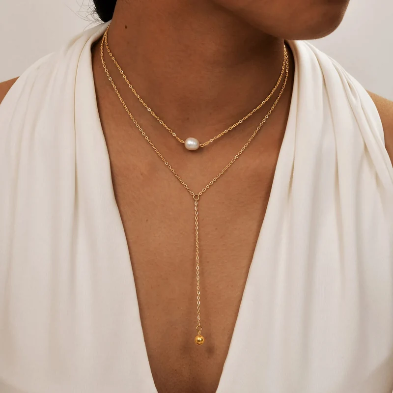 Double Collier en Y Perle Eau Douce