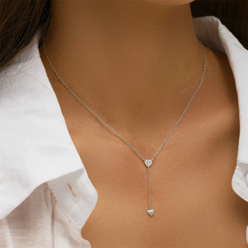 Collier en Y Cœur Strass Argent