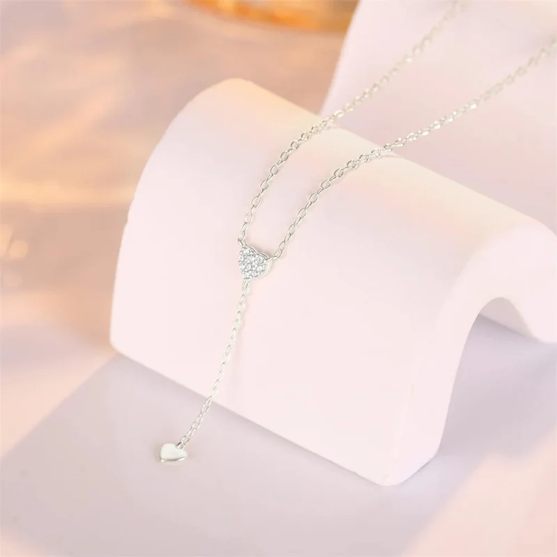 Collier en Y Cœur Strass Argent