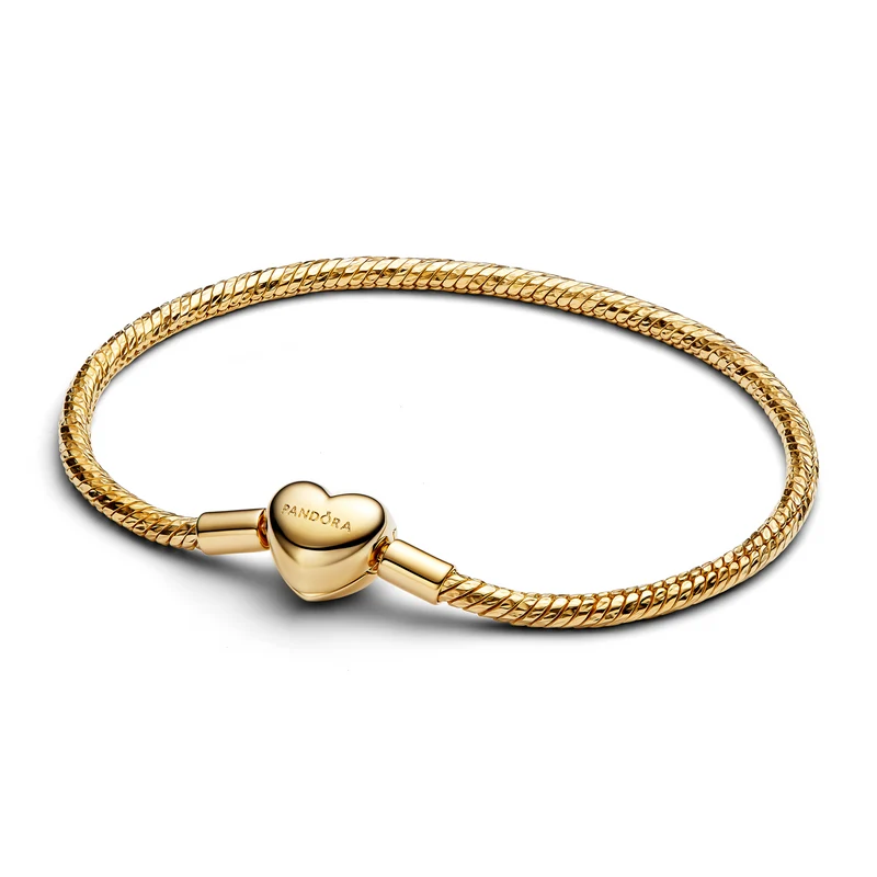 Pandora Moments Gold Plated Heart Clasp Faceted Snake Chain Bracelet 564236C00-17