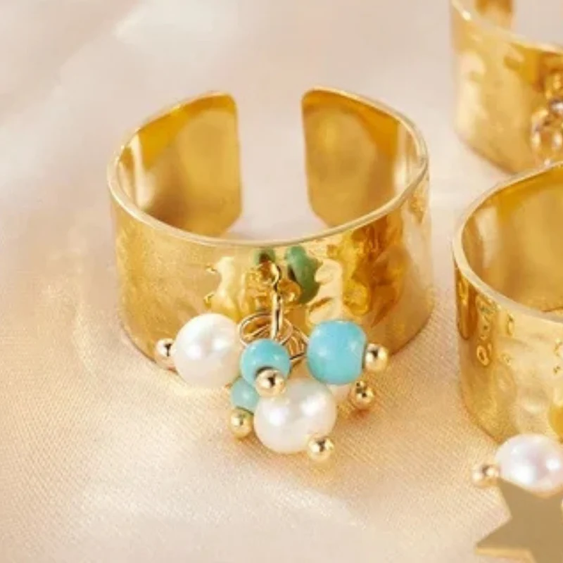 Bague Breloque Perles Blanche et Bleue