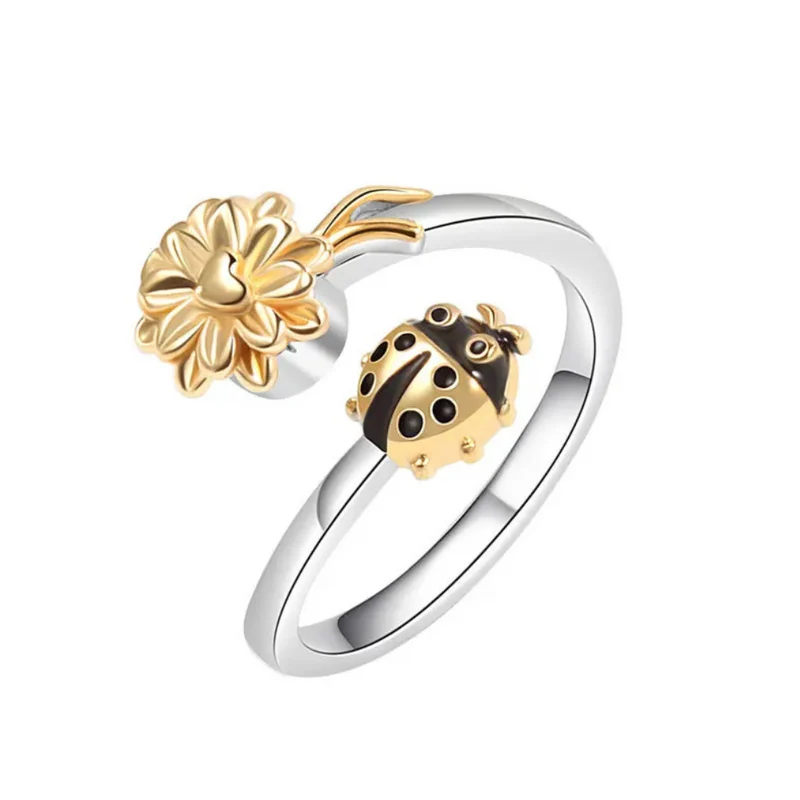 Bague Coccinelle et Fleur qui Tourne
