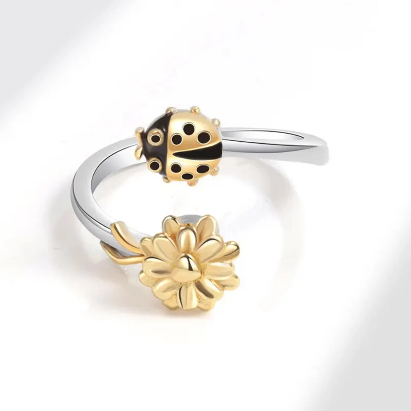 Bague Coccinelle et Fleur qui Tourne