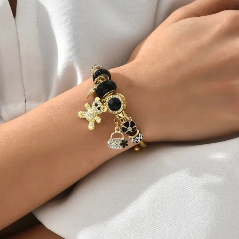 Bracelet Ourson et Breloques Noires