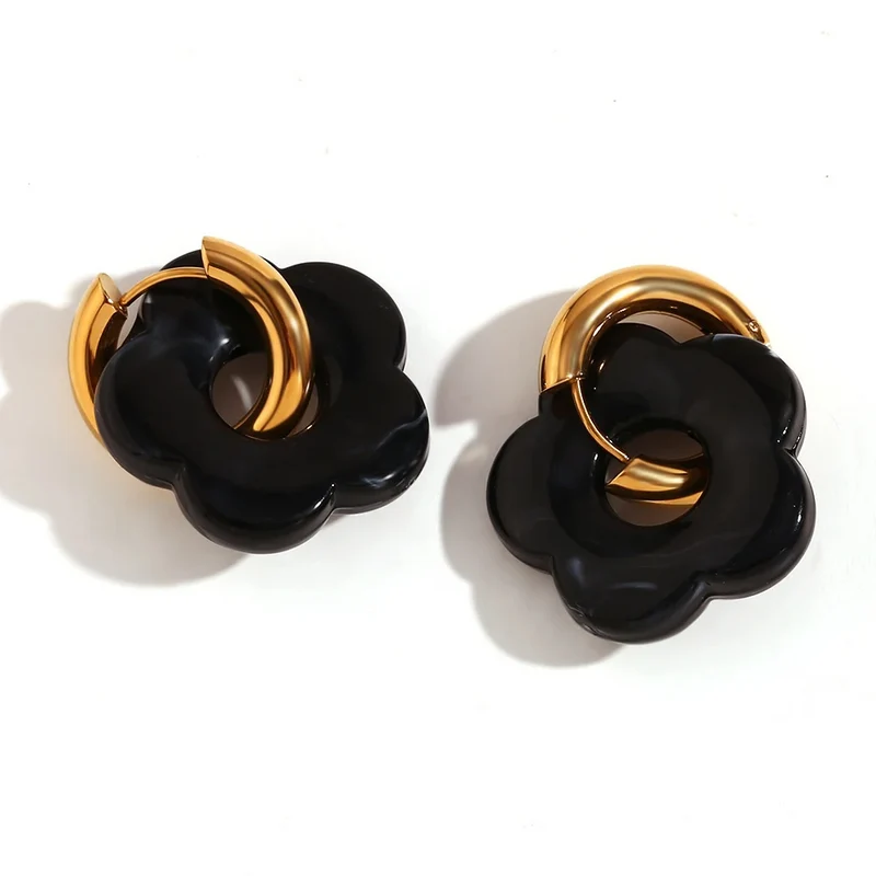 Boucles d'Oreilles Fleur Résine Noir