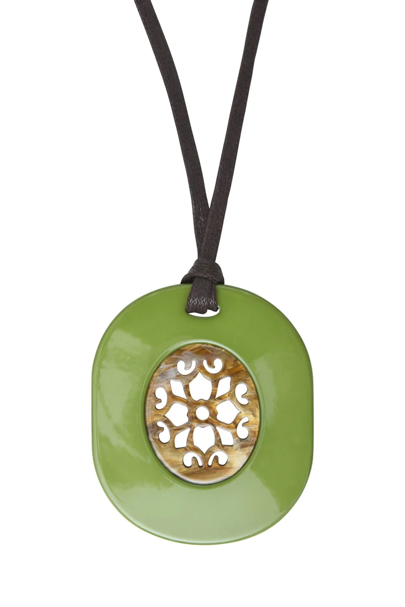 Sautoir-Collier Seventies Acétate ambre vert + coton ciré