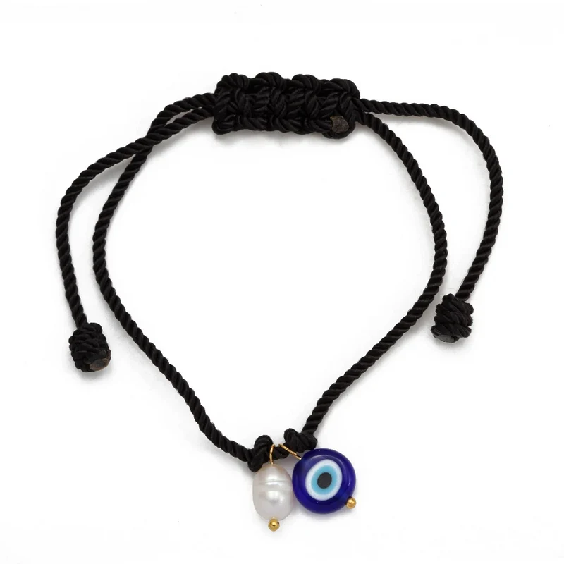 Bracelet Cordon Noir Œil et Perle Naturelle