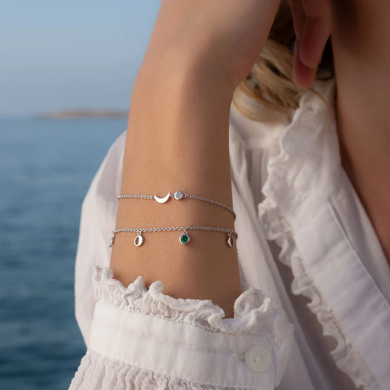 Violet Hamden Luna Bracelet en Argent 925 Sterling avec Lunes et Pierre de Zircon Vert VH320034