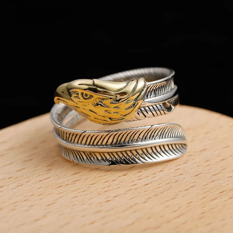 Bague Tête Aigle et Plume