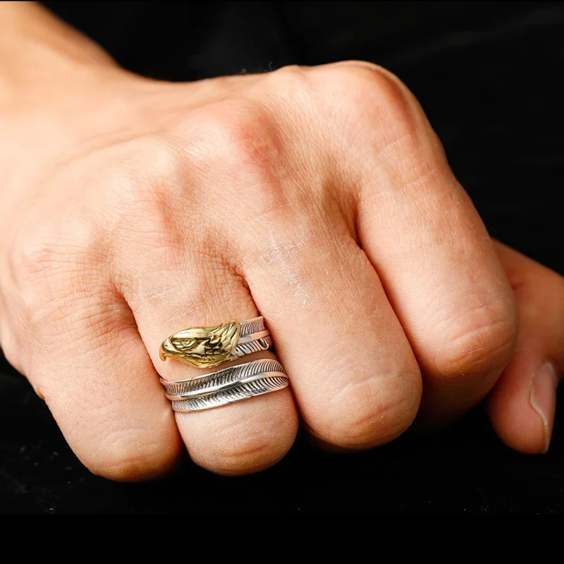 Bague Tête Aigle et Plume