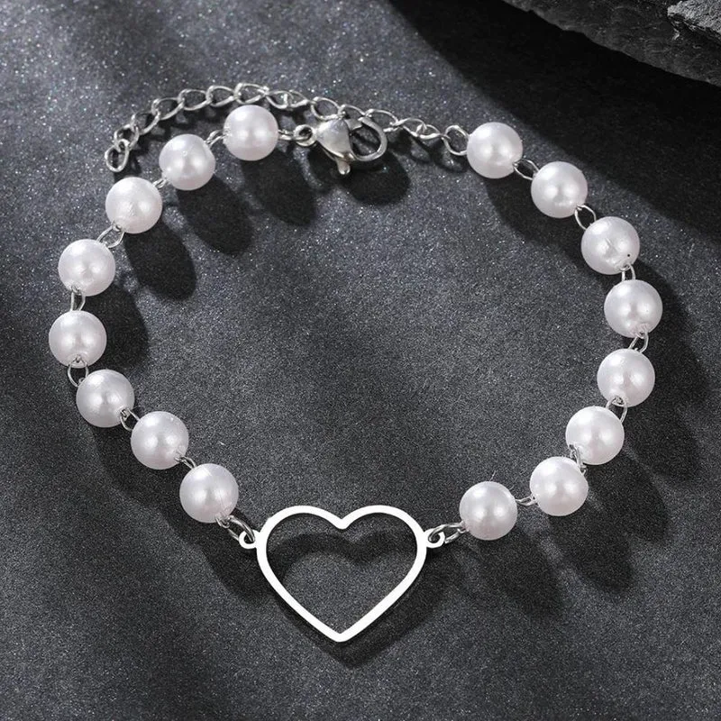 Bracelet Perles Blanches et Coeur