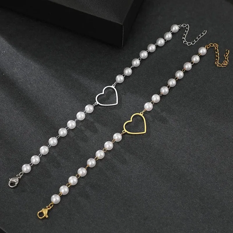 Bracelet Perles Blanches et Coeur