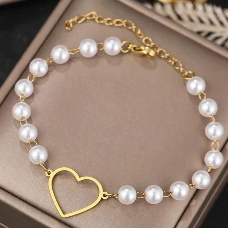 Bracelet Perles Blanches et Coeur