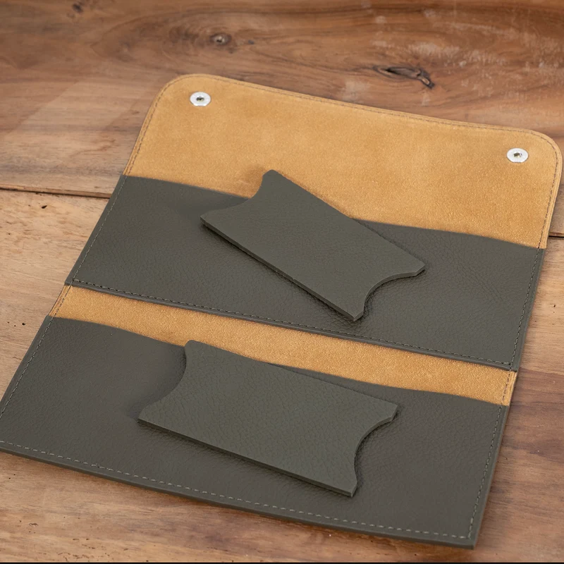 Pochette souple 2 montres cuir grainé kaki