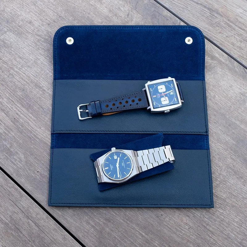 Pochette souple deux montres veau grainé bleu