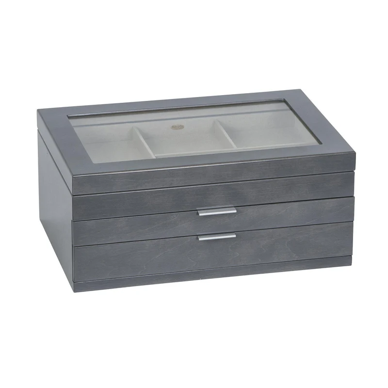 Misty Glass Top Wooden Jewelry Box in Oceanside Grey Finish
