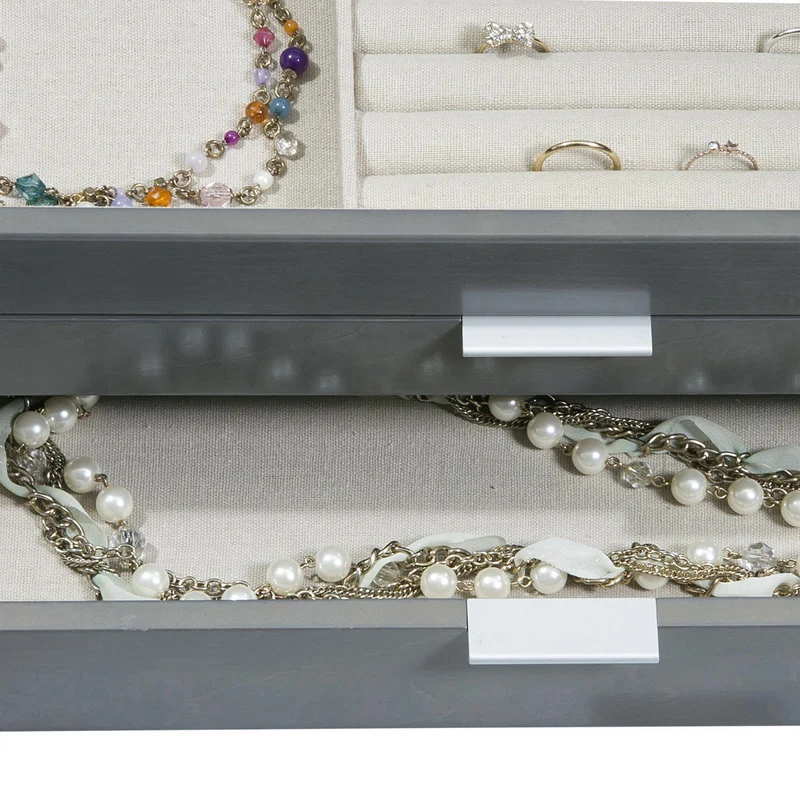 Misty Glass Top Wooden Jewelry Box in Oceanside Grey Finish