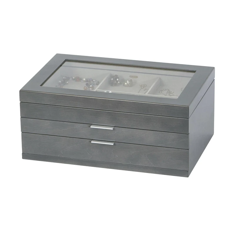 Misty Glass Top Wooden Jewelry Box in Oceanside Grey Finish