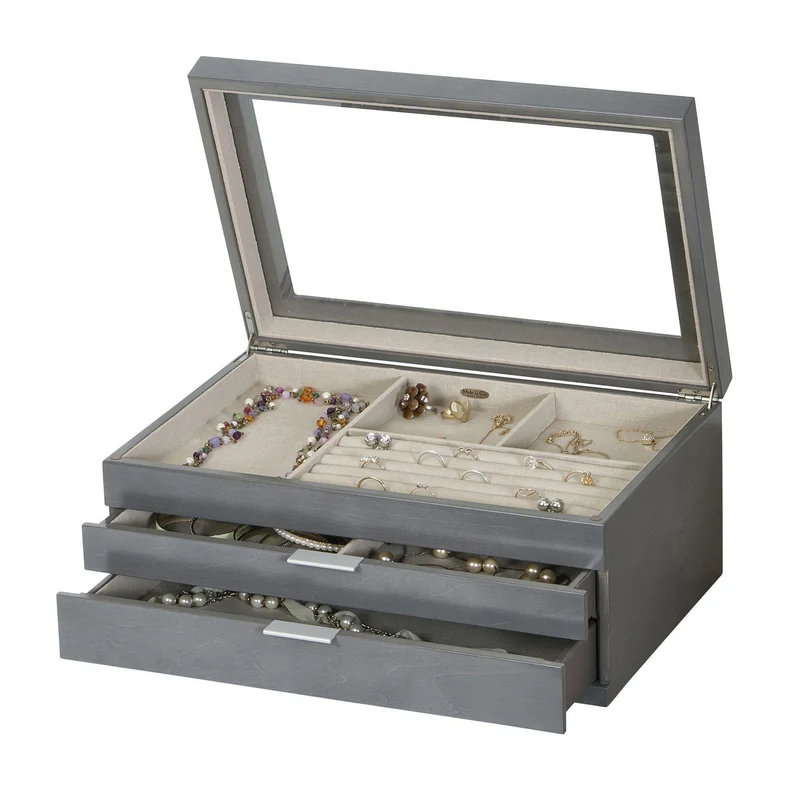 Misty Glass Top Wooden Jewelry Box in Oceanside Grey Finish