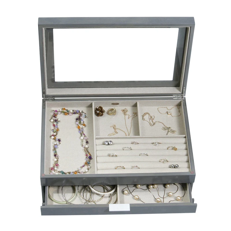 Misty Glass Top Wooden Jewelry Box in Oceanside Grey Finish