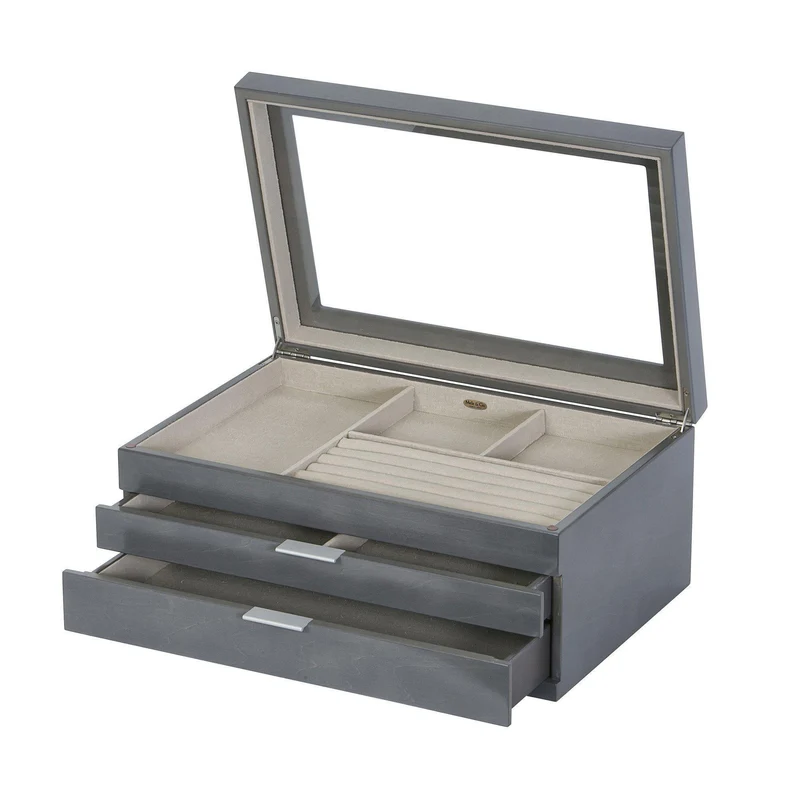 Misty Glass Top Wooden Jewelry Box in Oceanside Grey Finish